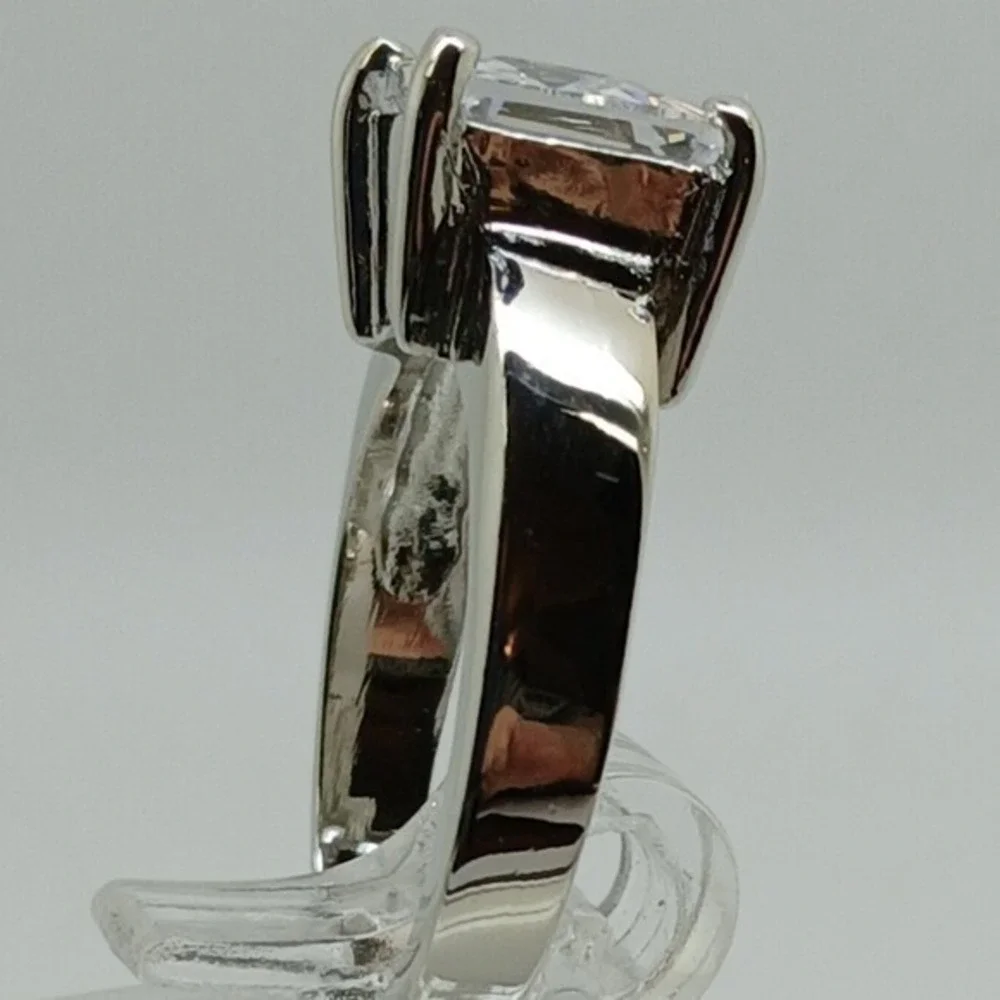Vintage 90s Princess Cut Sim Diamond Solitaire Ring Silver Tone Wide Band Size 9